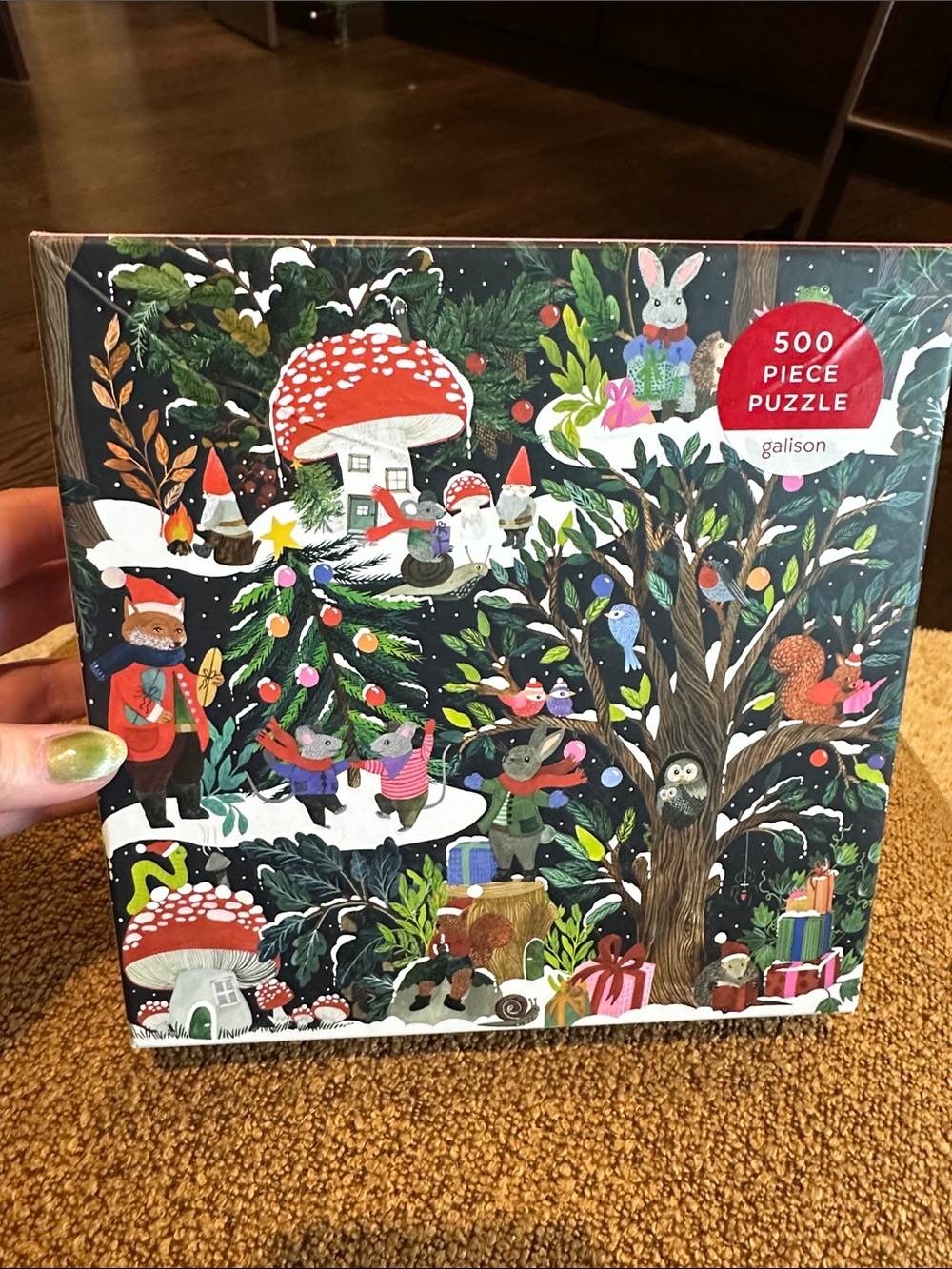 Galison 500-Piece Kids Holiday Forest Puzzle - Green & Red
